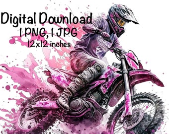 Motocross Watercolor, Pink Motocross Bike Girls Clipart Off-Road Motorcycle PNG Commercial Use Racing Motocross PNG Watercolor Illustration