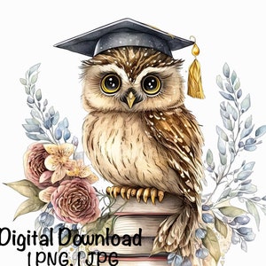 Graduation Owl Clipart Grad Student Owl PNG College Graduation Sublimination, Graduation Cap & Gold Tassel Owl Flowers Graduate Printable