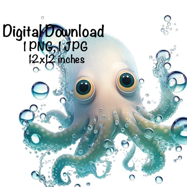 Cute Squid PNG clipart Ocean Animals Sea Squid PNG Adorable Funny Squid Water Bubbles Sublimation Squid Octopus Wall Art Printable Print