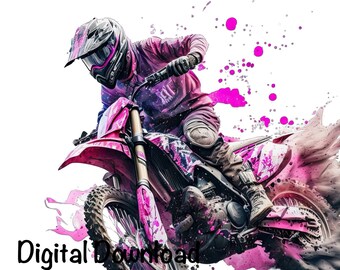 Motocross Watercolor, Pink Motocross Bike Girls Clipart Off-Road Motorcycle PNG Commercial Use Racing Motocross PNG Watercolor Illustration