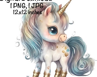 Cute Unicorn PNG Clipart Magical Animals Unicorn PNG Unicorn Watercolor Gold Glitter Style Sublimation Sparkling Unicorn Art Printable Print