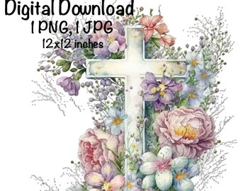 Ostern Kreuz Aquarell Blumen Kreuz Clipart Ostern Sublimation Design PNG Kommerzielle Nutzung Bibel Vers Blumen Jesus Ostern PNG Illustration