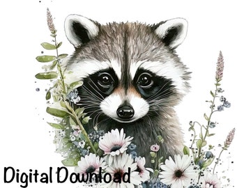 Cute Racoon Watercolor Clipart Racoon Spring Daisy Flowers PNG Commercial Use Racoon Sublimination PNG Graphic Design Illustration Print