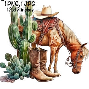 Cowboy Boots Hat Horse Saddle Watercolor Country Cowboy Clipart PNG Commercial Use Sublimation Designs Country Boy Watercolor Illustration