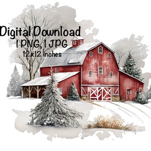 Acuarela de granero antiguo rústico, granja, granero, invierno, nieve, clipart, arte de pared, retrato de granero rústico, PNG, uso comercial, agricultura, granjero, PNG, ilustración