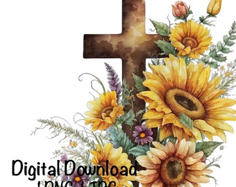 Sunflowers Cross Watercolor Floral Cross Clipart Easter Sublimation Design Commercial Use Bible Verse Flowers Cross Easter PNG Illustration