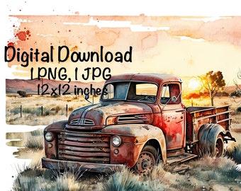Velho caminhão de fazenda vermelho aquarela fazenda campo caminhão e pôr do sol clipart arte de parede caminhão rústico PNG uso comercial agricultura agricultor PNG ilustração
