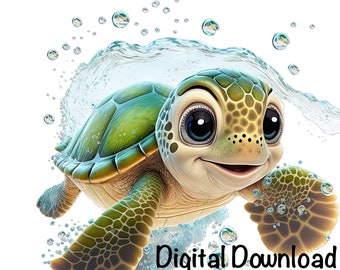 Sea Turtle, Cute Sea Turtle clipart, Ocean Animals Sea Turtle PNG, Sea Turtle Water Bubbles Sublimation Turtle Wall Art Printable Sea Turtle