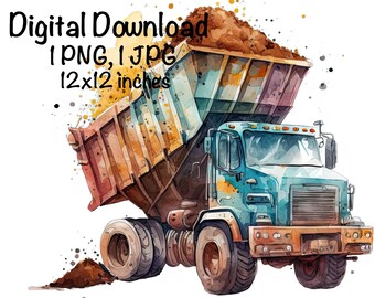 Kipper aquarel dumper dumpen vuil jongens clipart muur decor graafmachine vrachtwagen PNG commercieel gebruik voertuig auto aquarel illustratie