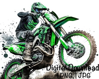 Motocross Watercolor, Green Motocross Bike Boys Clipart Off-Road Motorcycle PNG Commercial Use Racing Motocross PNG Watercolor Illustration