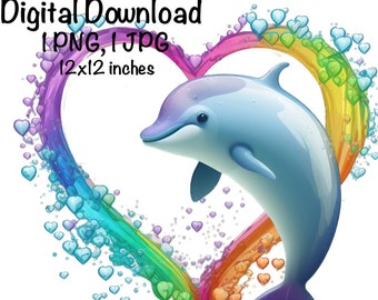 Dolphin PNG, Cute Sea Dolphin clipart, Ocean Animals Rainbow Dolphin PNG, Dolphin Bubbles Hearts Sublimation Dolphin Printable, Fish png
