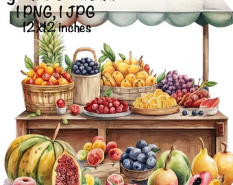 Farmers Market Fruit Stand Watercolor Clipart Fruits PNG Commercial Use Farm Produce Plants Graphic Design Cottagecore Illustration Print