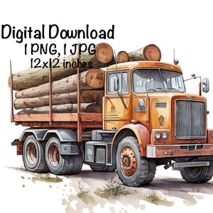 Logging Truck Watercolor Timber Lorry Trucks Boys Clipart Wall Décor Logs Truck PNG Commercial Use Vehicle Cars Watercolor Illustration