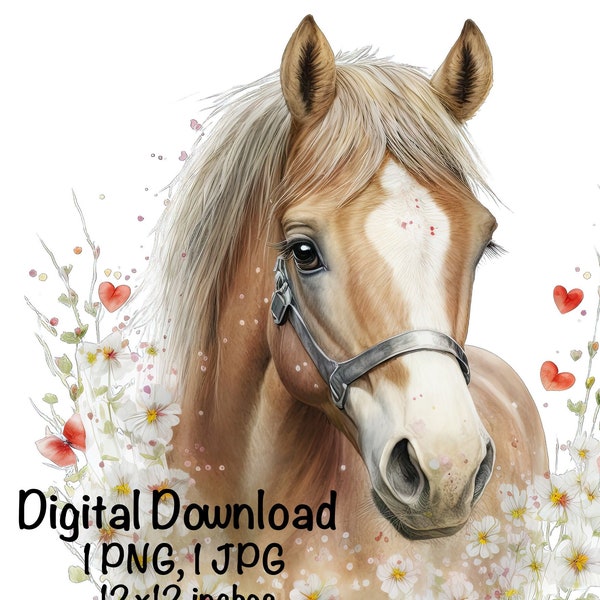 Horse Watercolor Clipart Horse Flowers Valentines Day Heart PNG Commercial Use Farm Animals Graphic Design Illustration Wild Horse Print