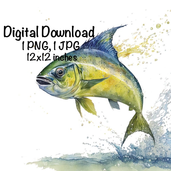 Mahi Mahi Fish Watercolor Saltwater Fish Clipart Mahi Mahi Swimming PNG Commercial Use Illustration Dolphinfish Fishing Fish Print PNG