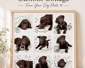 May include: A square framed wall art piece titled Custom Collage From Your Dog Photo featuring a grid of nine photographs of a brown Labrador retriever. Each photo includes hand-drawn black line art illustrations of items like clocks, bowls, toys, and stars.