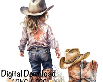 Stivali e cappello da cowgirl PNG, piccola clipart da cowgirl di campagna PNG download digitale Cowgirl sublimazione, ragazza di campagna acquerello PNG piccolo cowboy