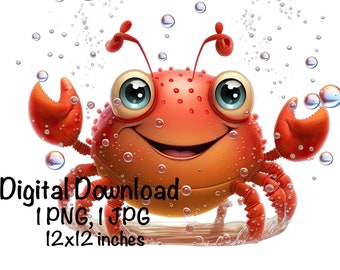 Cute Crab PNG clipart Ocean Animals Sea Crab PNG Adorable Happy Crab Water Bubbles Sublimation Crab Under The Sea Wall Art Printable Print