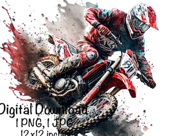Motocross Watercolor, Red Motocross Bike Boys Clipart Off-Road Motorcycle PNG Commercial Use Racing Motocross PNG Watercolor Illustration