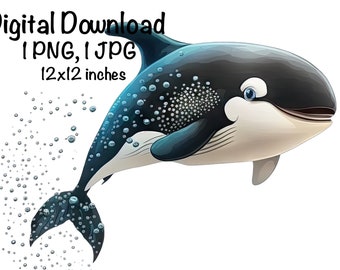 Orca Whale, Cute Whale Clipart, Ocean Animals Whale PNG, Whale Sublimation, Nursery Décor Orca Whale Wall Art Printable Whale Whale Download