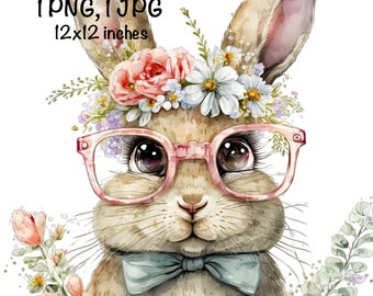 Cute Rabbit & Glasses Watercolor Clipart Bunny Spring Flowers PNG Commercial Use Rabbit Graphic Design Illustration Print Funny Rabbit PNG