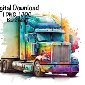 Rainbow Semi Truck Watercolor Flat Bed Trucks Clipart Nursery Décor Excavator Truck PNG Commercial Use Vehicle Car Watercolor Illustration