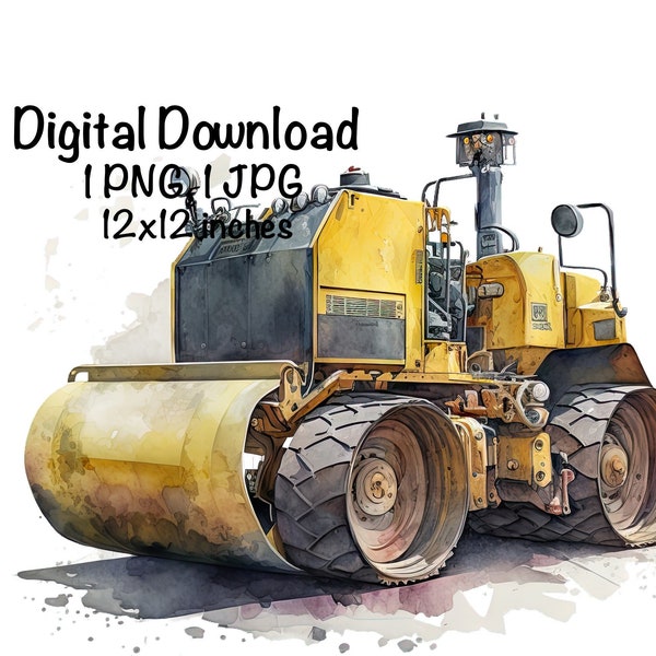 Roller Watercolor Construction Road Trucks Boys Clipart Wall Décor Road Roller Truck PNG Commercial Use Vehicle Cars Watercolor Illustration