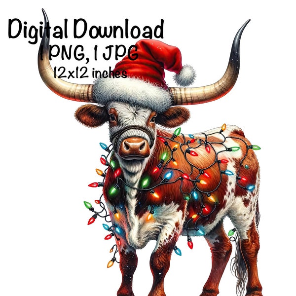 Longhorn Cow Watercolor Clipart Texas Longhorn Cow Christmas Lights Holiday PNG Commercial Use Santa Cow Graphic PNG XMas Sublimation png