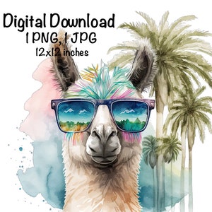 Llama Clipart Palm Trees Llama Summer Cactus PNG Commercial Use Llama Portrait Graphic Design Illustration Llama Summer Desert Wall Print
