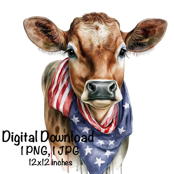 American Jersey Cow Watercolor Clipart Milk Cow Bandana US Flag PNG Commercial Use Dairy Cow Flag Farm Graphic Design Illustration Print