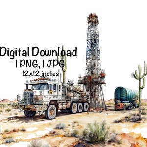 Oil Rig Drilling Watercolor Oilfield Clipart Oil Well PNG Commercial Use Oil Field Watercolor Illustration Oil Pump Clipart Oil Rig Life PNG