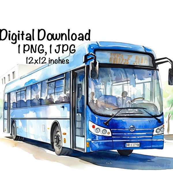 Blue Bus Watercolor, Public Transportation Clipart Wall Art Road Bus PNG Commercial Use Vehicle Cars City Sublimation Instant Download PNG