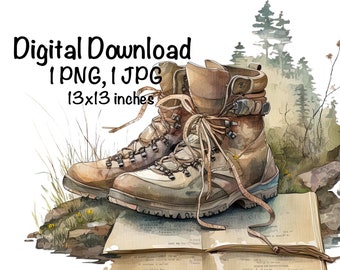 Bottes de randonnée aquarelle randonnée randonnée nature clipart PNG usage commercial sublimation randonnée montagne automne dessins randonneur illustration aquarelle