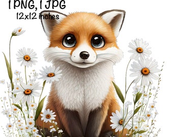 Fox, Cute Fox clipart, Forest Animals Fox PNG, Fox and Daisy Flowers Sublimation Fox Printable Fox Instant Download Commercial Use Fox PNG