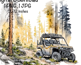 May include: A watercolor illustration of a beige off-road vehicle driving through a forest. The vehicle has a black roll cage and black wheels. The forest is depicted with a watercolor wash of green, brown, and yellow.