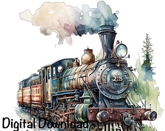 Steam Train Watercolor, Locomotive Train Boys Clipart Nursery Décor Tracks Trains PNG Commercial Use Train Driver Watercolor Illustration