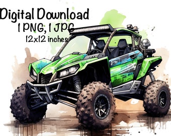 May include: A green and black off-road vehicle with a roll cage and large tires. The vehicle is on a dirt road with a watercolor background. Digital Download: 1 PNG, 1 JPG, 12x12 inches.