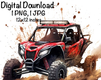 May include: A red off-road vehicle with black accents and large tires is driving through a muddy area. The vehicle has a roll cage and a light bar on the roof. The background is a white watercolor wash.
