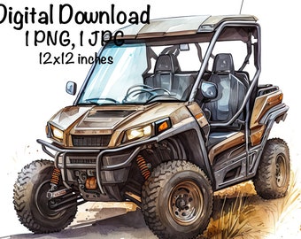 May include: A brown and black off-road vehicle with a roll cage and four large tires. The vehicle is on a dirt path with grass and foliage in the background. Digital Download 1 PNG, 1 JPG 12x12 inches.