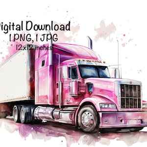Camión semirremolque rosa Acuarela Camiones de plataforma plana Niña Clipart Decoración de guardería Camión excavadora PNG Uso comercial Vehículo Coche Ilustración de acuarela