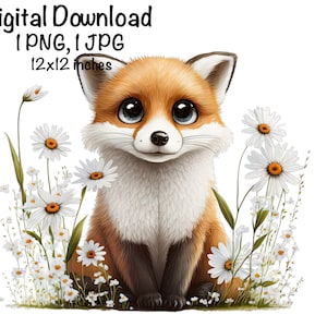 Fox, Cute Fox clipart, Forest Animals Fox PNG, Fox and Daisy Flowers Sublimation Fox Printable Fox Instant Download Commercial Use Fox PNG