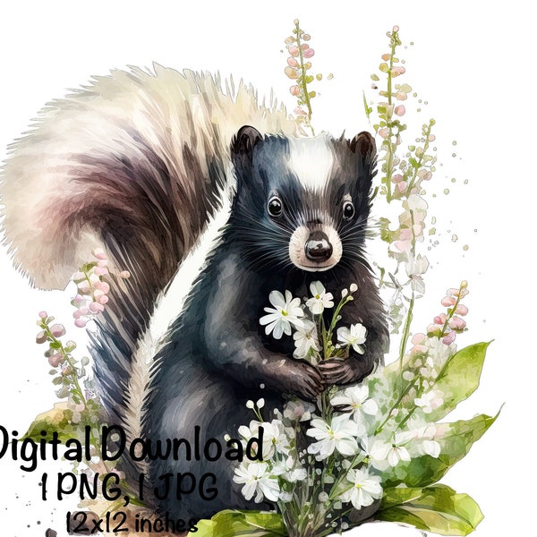 Cute Skunk Watercolor Clipart Skunk Flowers PNG Commercial Use Forest Animals Skunk Design Illustration Print Cute Baby Skunk Sublimation