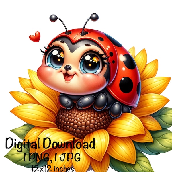 Ladybug Sublimation PNG, Cute Ladybug, Lady Bug Sublimation PNG, Ladybug SunFlower PNG Sublimation, Ladybug Cute Insects Animals png