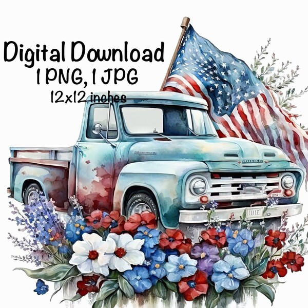 Patriotic Old Farm Truck Watercolor Flag Farm Clipart American Farm Commercial Use Farming Tractor Patriot Farmer 4th of July Illustration