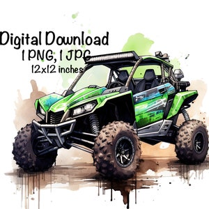 May include: A green and black off-road vehicle with a roll cage and large tyres. The vehicle is on a dirt track with a watercolour background. Digital Download: 1 PNG, 1 JPG, 12x12 inches.