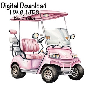 ゴルフカートの水彩画、ピンクのゴルフカートのスポーツガールのクリップアート、保育園のゴルファーのPNG、商用利用の乗り物、車、ゴルフカートのPNGイラスト、ゴルフクラブ