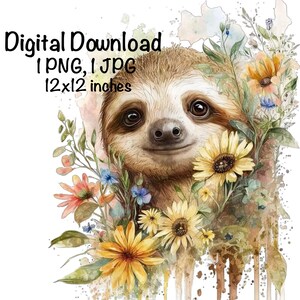 Cute Sloth Clipart Sloth & Spring Flowers PNG Commercial Use Sloth Graphic Design Animals Clipart Portrait Watercolor Illustration Print