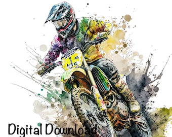 Motocross Watercolor, Sports Motocross Bike Boys Clipart Off-Road Motorcycle PNG Commercial Use Racing Motocross PNG Watercolor Illustration
