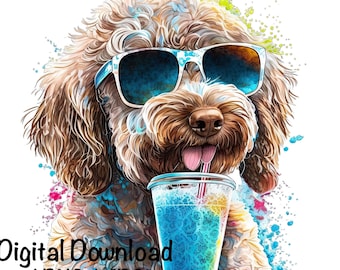 Funny Doodle Dog Watercolor Clipart Sunglasses Cold Drink Cute Doodle Dog  PNG Commercial Use Dinking Doodle Dog Cute Illustration PNG Print