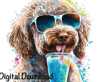 Funny Doodle Dog Watercolor Clipart Sunglasses Cold Drink Cute Doodle Dog PNG Commercial Use Dinking Doodle Dog Cute Illustration PNG Print